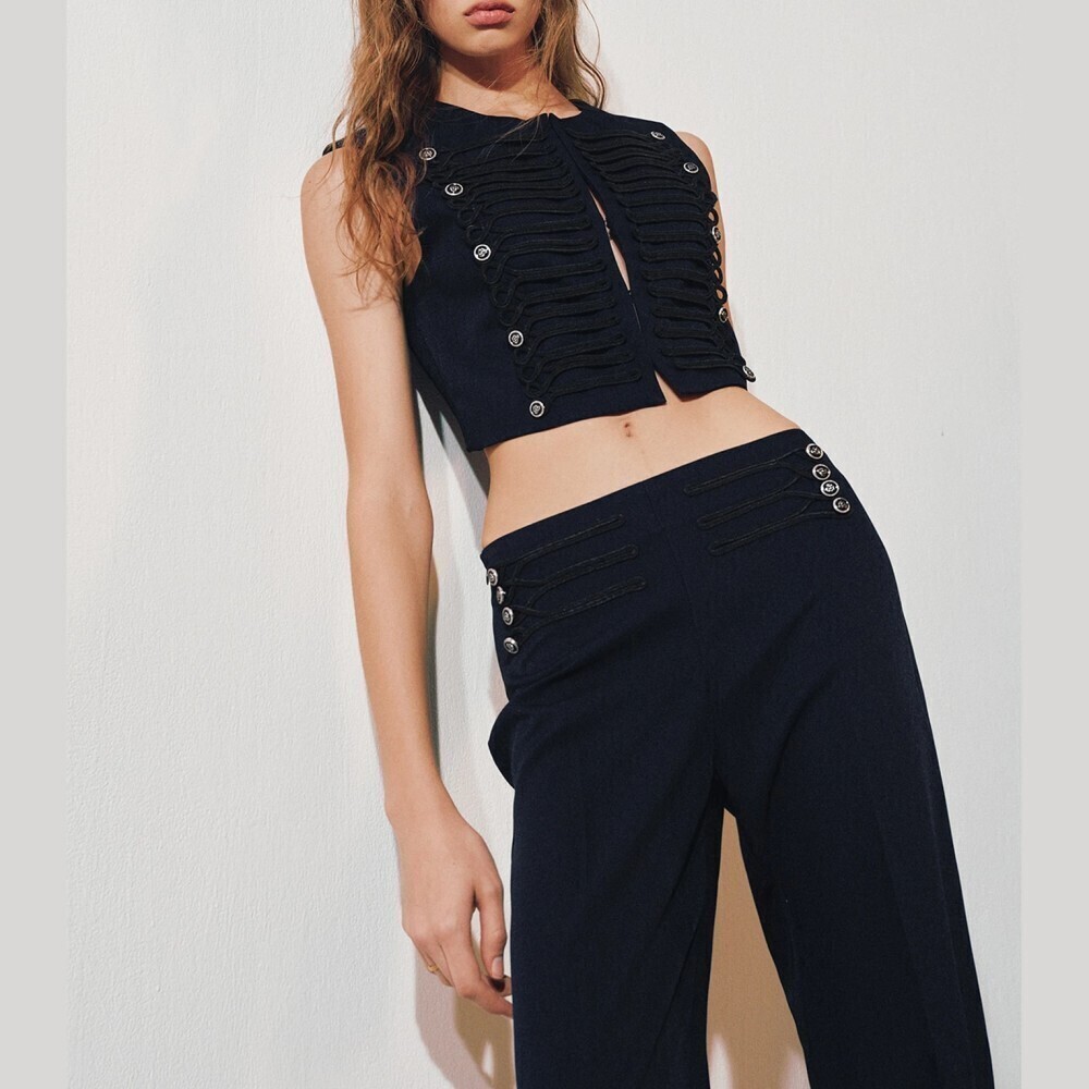 Navy Braided Soutache Trim Button Front Sleeveless Round Neck Crop Vest